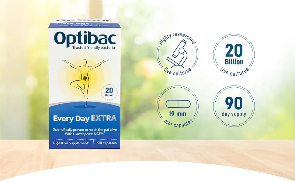 Optibac Probiotics Every Day Extra - High Strength Vegan Digestive Probiotic Supplement with 20 Billion Bacterial Cultures - 90 Capsules 90 Count (Pack of 1) - every day extra