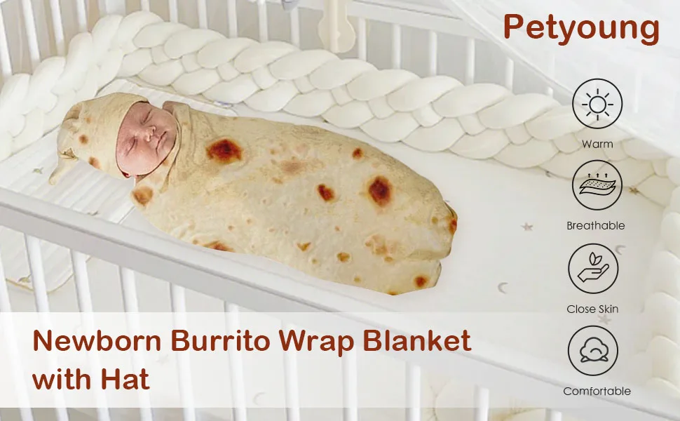 Petyoung Newborn Baby Wrap Burrito Swaddle Blanket with Hat Set Soft Tortilla Pattern Blanket Gift for Baby Shower - product information 1