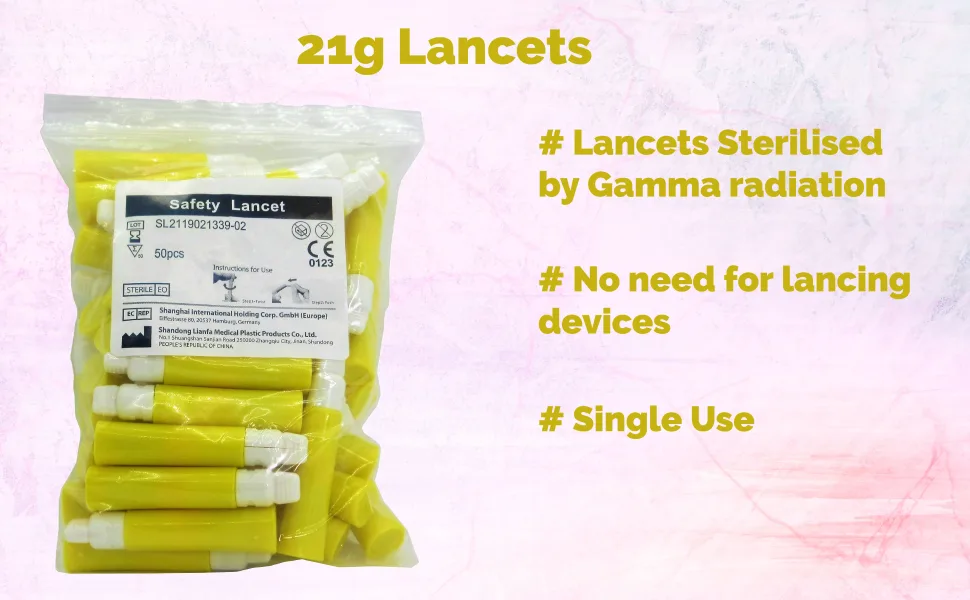 50 x Single Use Sterile Safety Lancets (21G) for Blood Testing/Samples - 21g Lancets Bullet Points