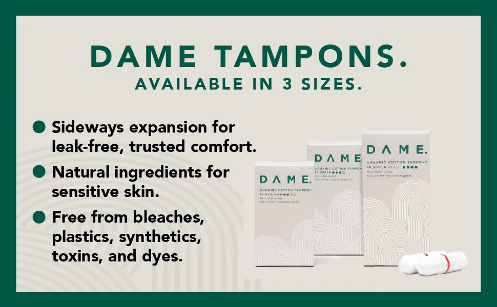 Dame Super Tampons (x14) Hypoallergenic 100% Plastic Free Tampons pH Neutral No Toxins 100% Compostable Fully Biodegradable Super (14 Tampons) - DAME