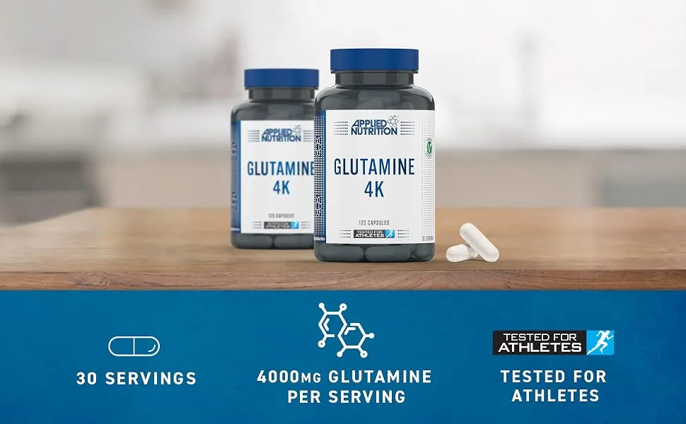 Applied Nutrition Glutamine 4K - L Glutamine 4000 mg Per Serving Restore Amino Acid Levels (120 Capsules - 30 Servings) - Glut 4k A+2 new