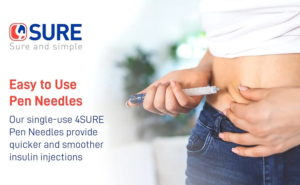 Insulin Needles for Injections - Sterile Single-Use Insulin Pen Needles with Ultra Sharp Tip Double Silicone Coating & Thin Wall Technology - Diabetes Testing Kit by Nipro 4SURE- 100 Pcs 32G 4mm - Perform a safer insulin injection with our single-use 4SURE Pen Insulin Needles