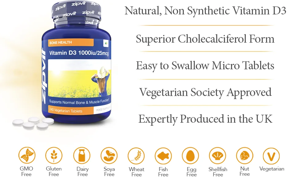 Vitamin D 1000iu 240 Micro Tablets. High Absorption Cholecalciferol D3. Maintains Bone and Muscle Function. Supports The Immune System. Jar of 1000iu 240 Tablets - Natural, non synthetic Vitamin D3 Cholecalciferol, Allergen Free