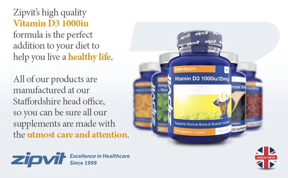Vitamin D 1000iu 240 Micro Tablets. High Absorption Cholecalciferol D3. Maintains Bone and Muscle Function. Supports The Immune System. Jar of 1000iu 240 Tablets - Vitamin D3 1000iu by Zipvit