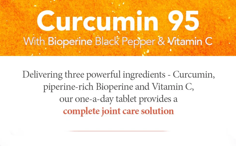 Curcumin 95 with Bioperine Turmeric Curcumin Supplement with 95% Active Curcumin. 90 Vegan Tablets 3 Months Supply. Vegetarian Society Approved Curcumin Supplement. - Curcumin 95 With Bioperine Black Pepper and Vitamin C one-a-day tablet