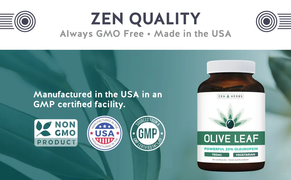 Olive Leaf Extract (Non-GMO) Super Strength: 20% Oleuropein - 750mg - Vegetarian - Antioxidant Support Supplement - No Oil - 60 Capsules - Zen Herbs quality gmp supplements