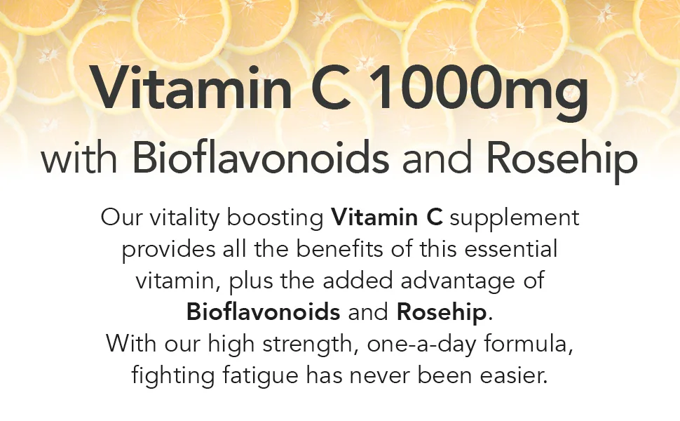 Vitamin C 1000mg with Bioflavonoids 100 Vegan Tablets. Supports The Immune System. Contributes to a Reduction in Tiredness and Fatigue. 100 Tablet Jar - Vitamin C 1000mg