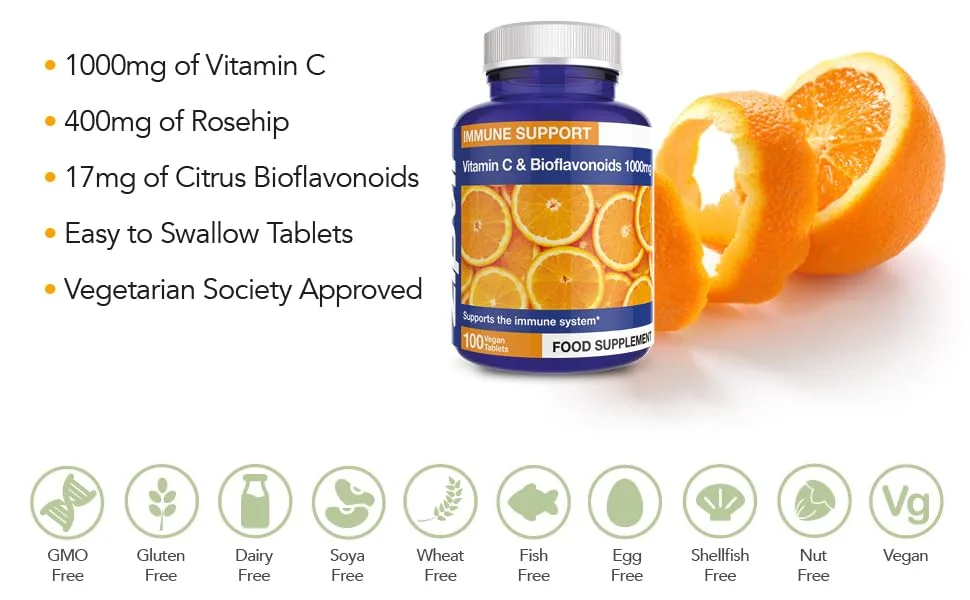 Vitamin C 1000mg with Bioflavonoids 100 Vegan Tablets. Supports The Immune System. Contributes to a Reduction in Tiredness and Fatigue. 100 Tablet Jar - Vitamin C 1000mg