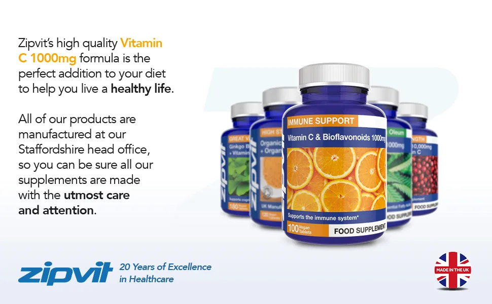 Vitamin C 1000mg with Bioflavonoids 100 Vegan Tablets. Supports The Immune System. Contributes to a Reduction in Tiredness and Fatigue. 100 Tablet Jar - Vitamin C 1000mg