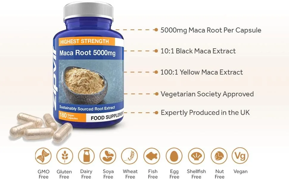 Maca Root Capsules 5000mg Black Maca and Yellow Maca Combination High Strength Maca Root Powder Extract. 180 Vegan Capsules 6 Months Supply. Vegetarian Society Approved. - 5000mg Maca Root per capsule, blending 10:1 Black Maca extract and 100:1 Yellow Maca extract