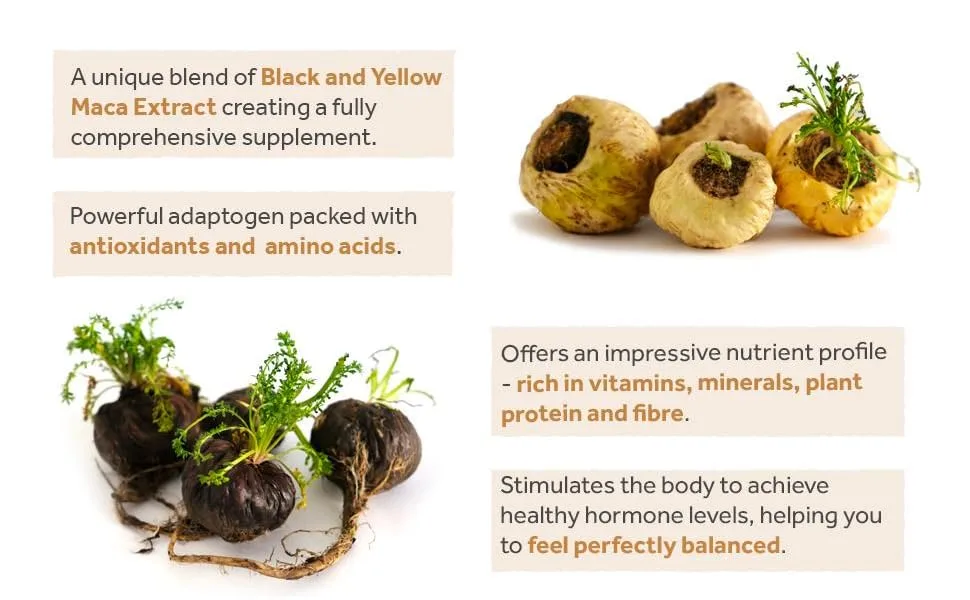 Maca Root Capsules 5000mg Black Maca and Yellow Maca Combination High Strength Maca Root Powder Extract. 180 Vegan Capsules 6 Months Supply. Vegetarian Society Approved. - Maca Root is a powerful adaptogen packed with antioxidants, amino acids, vitamins and minerals