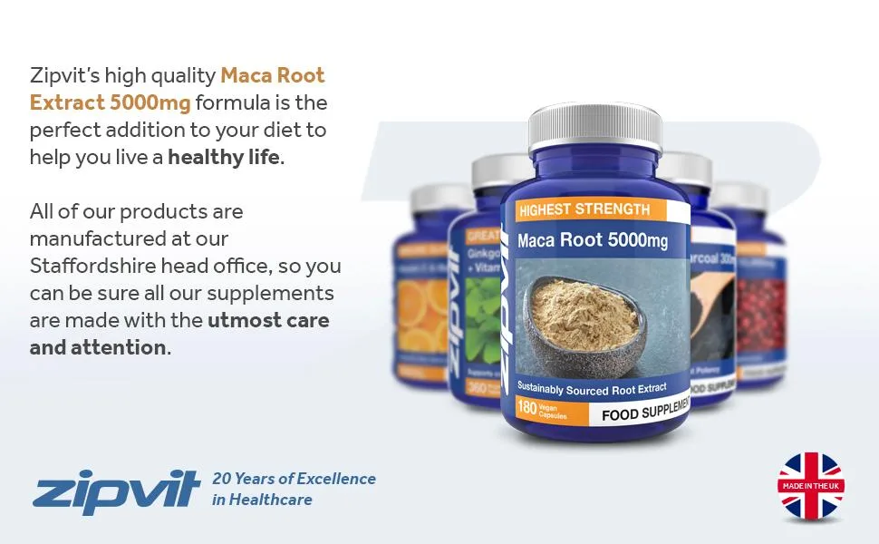 Maca Root Capsules 5000mg Black Maca and Yellow Maca Combination High Strength Maca Root Powder Extract. 180 Vegan Capsules 6 Months Supply. Vegetarian Society Approved. - Zipvit