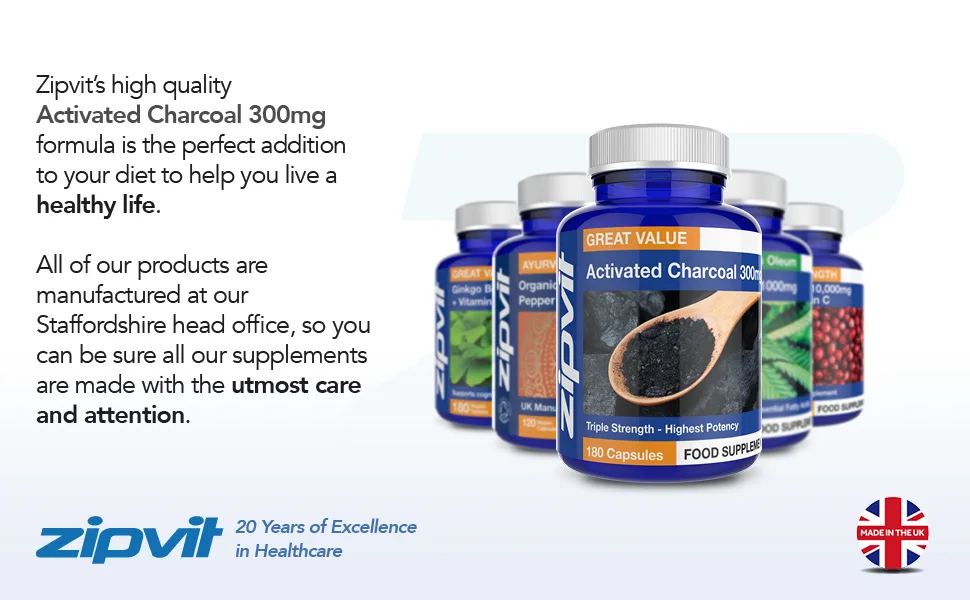 Activated Charcoal Capsules 300mg 180 Capsules Promotes Gut Health Helps Detox and Reduces Flatulence - Zipvit Activated Charcoal 300mg