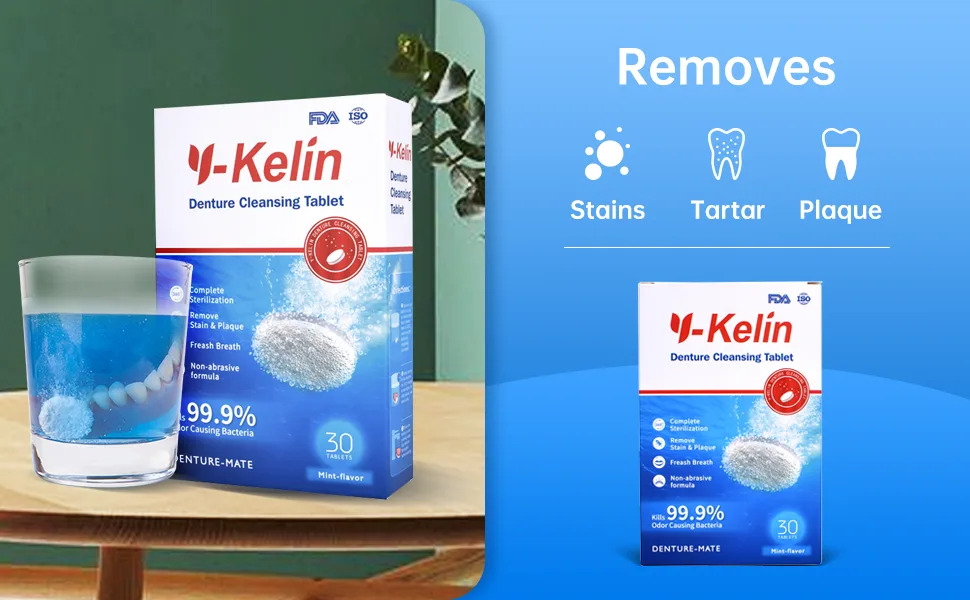 Y-Kelin 60 Tablets Denture Cleansing Tablets for Overnight Dental Prosthesis (60 tabs) 60 Count (Pack of 1) - cleansing tablet