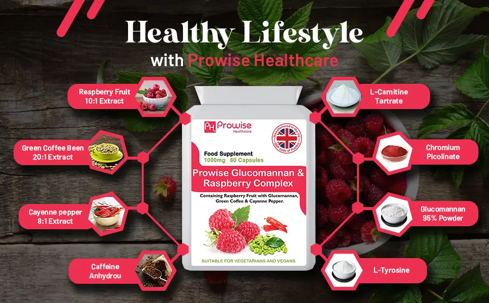 Glucomannan and Raspberry Complex Advance Formulation 1000mg - 60 Capsules | UK Manufactured | GMP Standards by Prowise Healthcare - Rk Complex 1