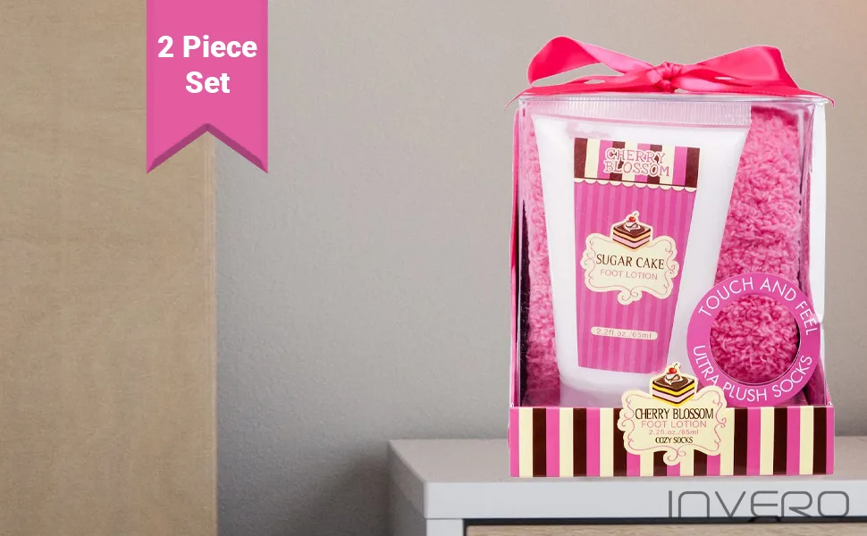 2 Piece Ladies Relaxing Cherry Blossom Gift Set Includes Foot Lotion and Ultra Plush Cosy Socks - Complete with a Pink Gift Box and Bow Ribbon - Cover 2