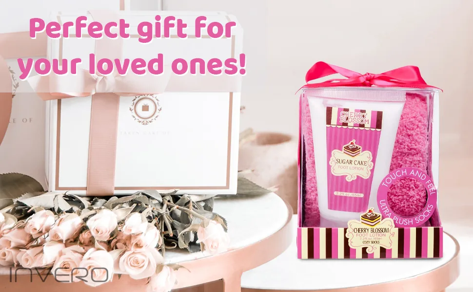2 Piece Ladies Relaxing Cherry Blossom Gift Set Includes Foot Lotion and Ultra Plush Cosy Socks - Complete with a Pink Gift Box and Bow Ribbon - Cover 3
