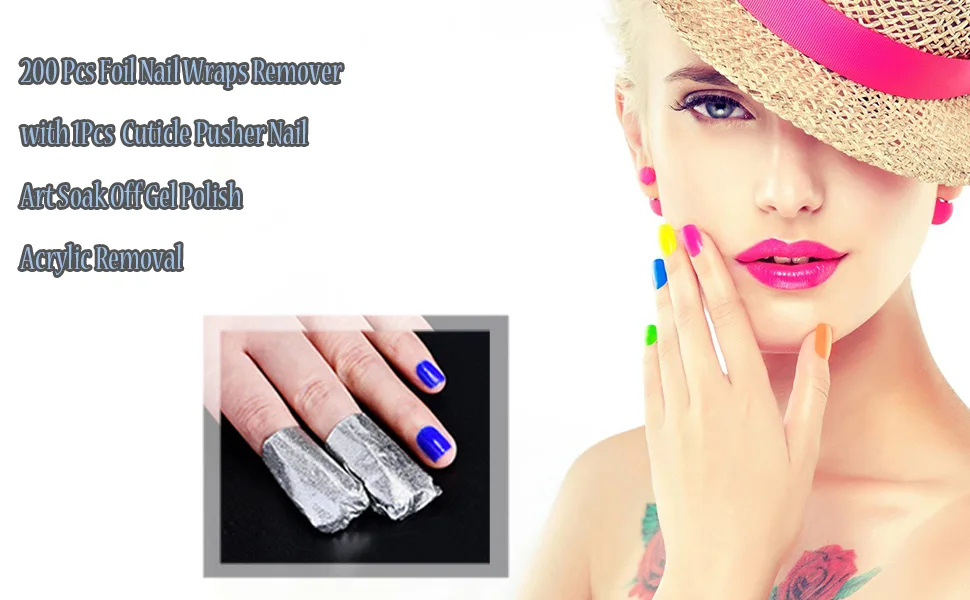 200 Pcs Foil Nail Wraps Remover with 1Pcs Cuticle Pusher Nail Art Soak Off Gel Polish Acrylic Removal - product information 1