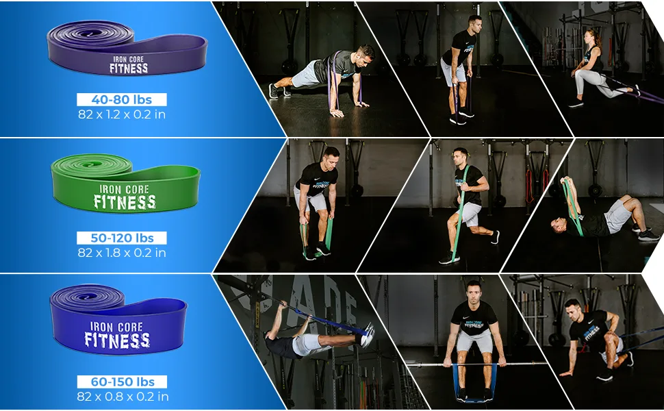 Pull up Resistance Bands Sets - for Strength Power Flexibility Training Pull Up Assist at Home or Gym by Iron Core Fitness. eBooks and Workout Chart Included. 3 Set - Black Red Yellow - Purple, Green, Blue bands dimensions resistances and pictures of exercises you can do with them
