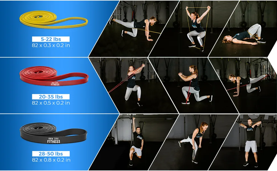 Pull up Resistance Bands Sets - for Strength Power Flexibility Training Pull Up Assist at Home or Gym by Iron Core Fitness. eBooks and Workout Chart Included. 3 Set - Black Red Yellow - Yellow, Red, Black Bands dimensions & resistances and pictures of exercises you can do with them.