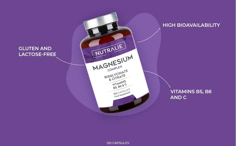 Magnesium Glycinate Complex - 2145mg Bisglycinate + Citrate Magnesium Supplements - Vitamins C B5 B6 - High Strenght Chelated Magnesium - 120 Capsules Nutralie - magnesio
