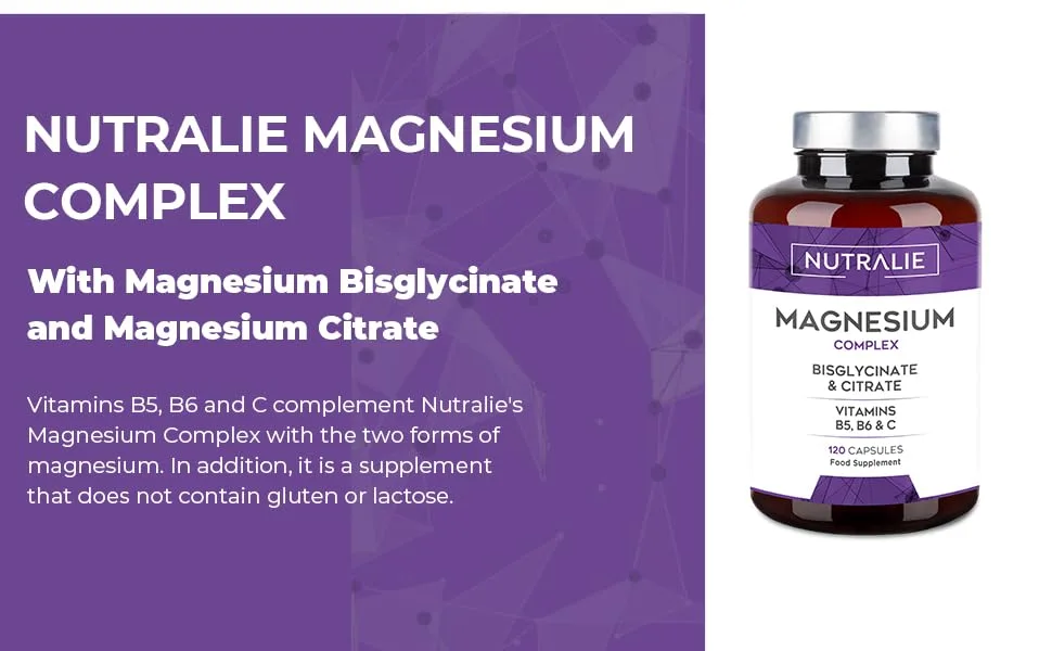 Magnesium Glycinate Complex - 2145mg Bisglycinate + Citrate Magnesium Supplements - Vitamins C B5 B6 - High Strenght Chelated Magnesium - 120 Capsules Nutralie - magnesium
