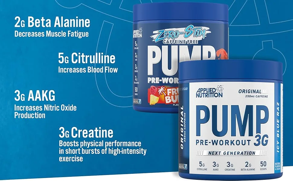 Applied Nutrition Pump Zero Pre Workout - Zero Stim Caffeine Free Energy & Performance (375g - 25 Servings) (ICY Blue Raz) Zero Stimulant - Icy Blue Raz 25 Servings (Pack of 1) - A+ Pump Zero new label 1
