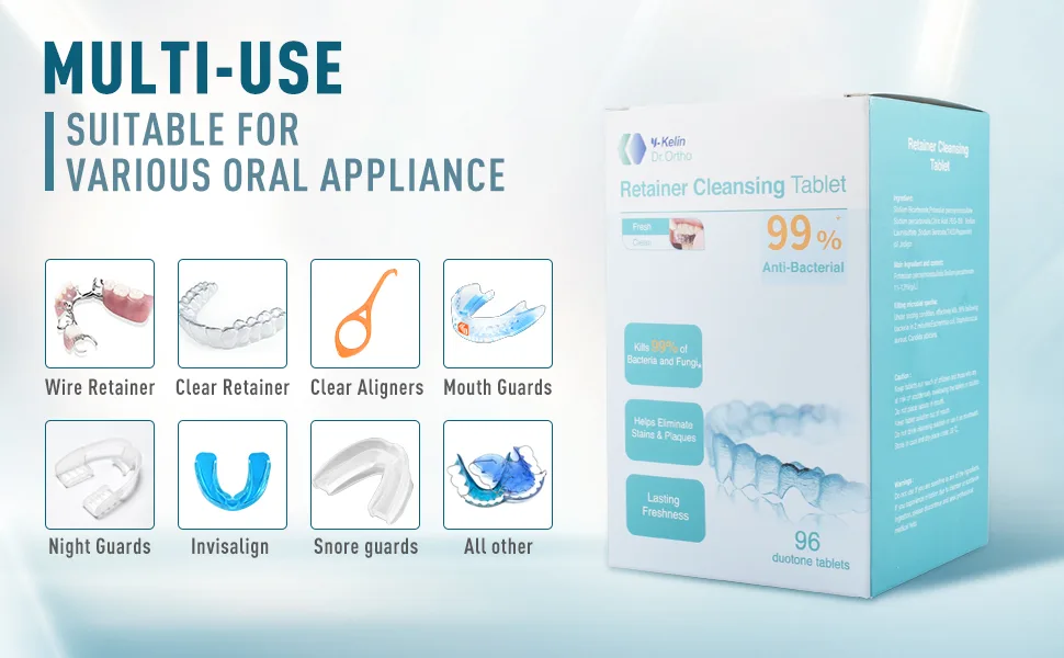 Y-kelin Orthodontic Retainer Cleansing Tablet 96 Tablet (96 Count (Pack of 1)) - Retainer Cleaning Tablet suitable for various oral appliance