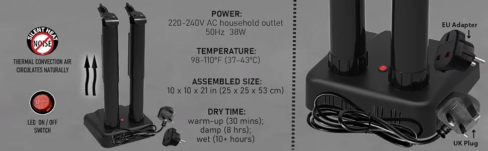 JobSite Original Shoe Boot Dryer - Electric Warmer Dries & Deodorizes Ultra Silent - UK Plug/EU Adapter - boot dryer