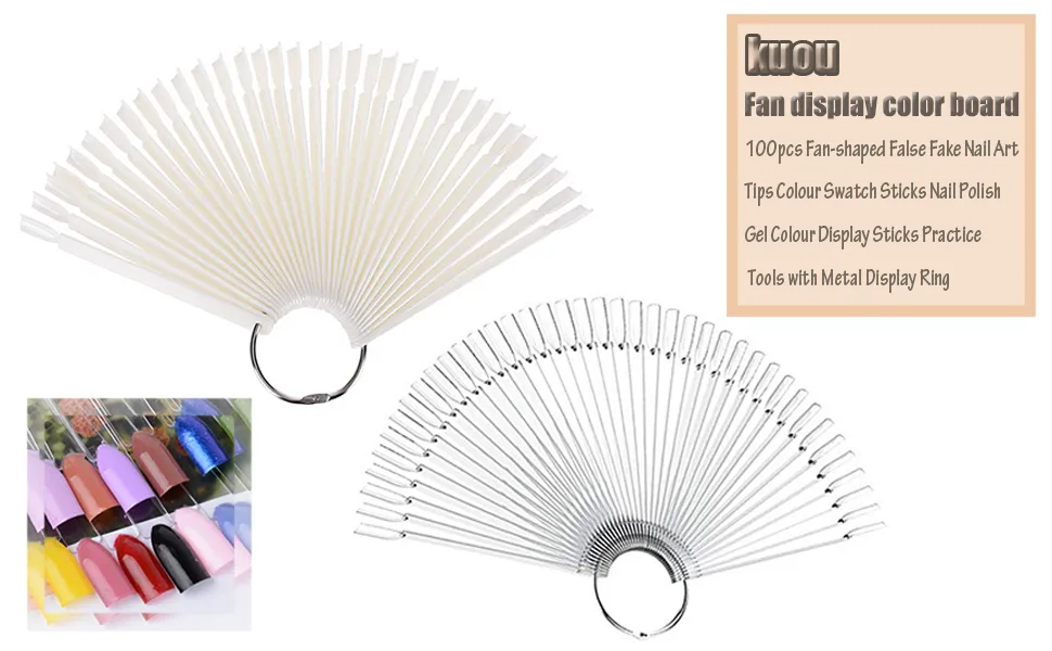 100pcs Fan-shaped False Fake Nail Art Tips Colour Swatch Sticks Nail Polish Gel Colour Display Sticks Practice Tools with Metal Display Ring - product information 1
