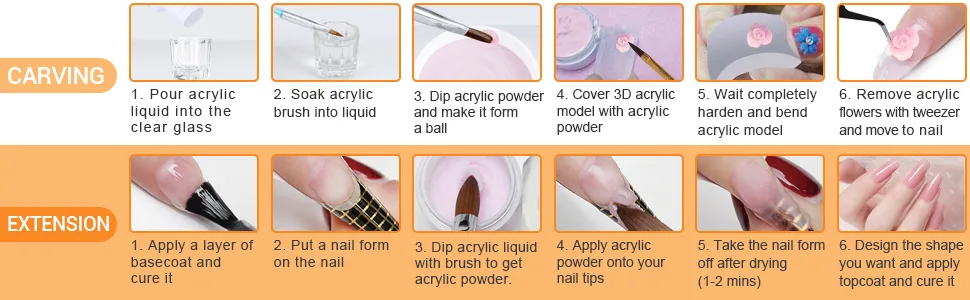TEEROVA Nail Art Kit 42 Acrylic Powder Liquid Brush Glitter Clipper Primer File Nail Art Tips Set Kit - Using Steps