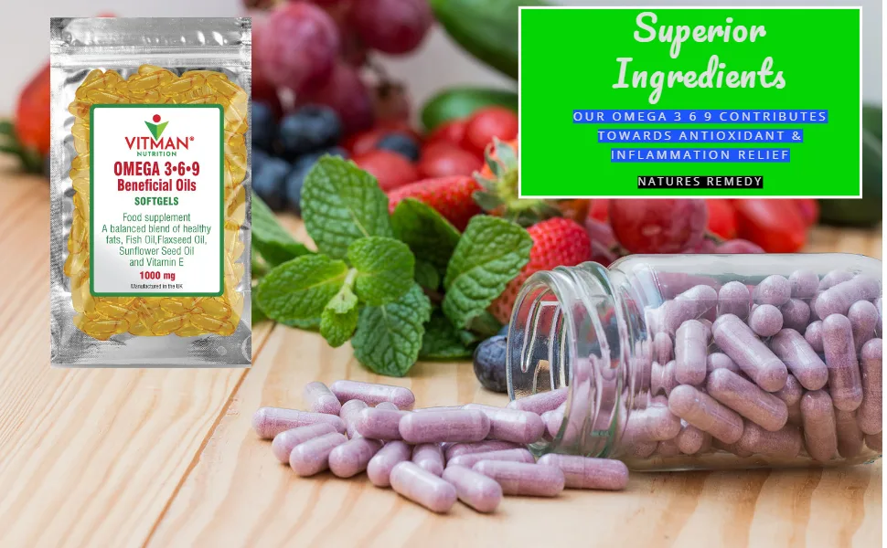 Omega 3 6 9 High Strength Essential Fatty Acids Fish Oil Supplement 1000mg Soft Gel Capsules & Added Vitamin E 90 - Omega 3 6 9 NEXT TO FRUIT PICTURE