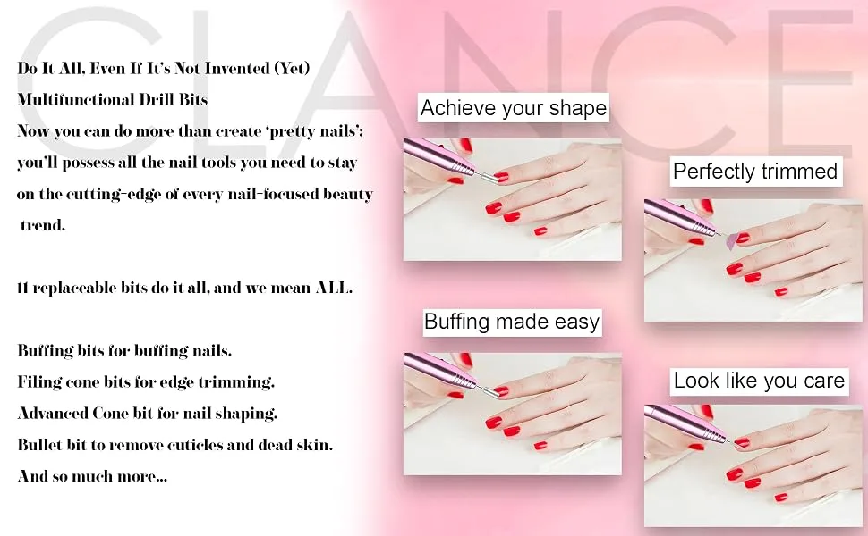 CLANCE Electric Nail Drill - Nail Science Optimized Manicure Pedicure Electric Nail File for Natural & Acrylic Nails | Dream & Create with 11 Multifunction Drill Bits + 100 Sanding Bands (Rose) - collage