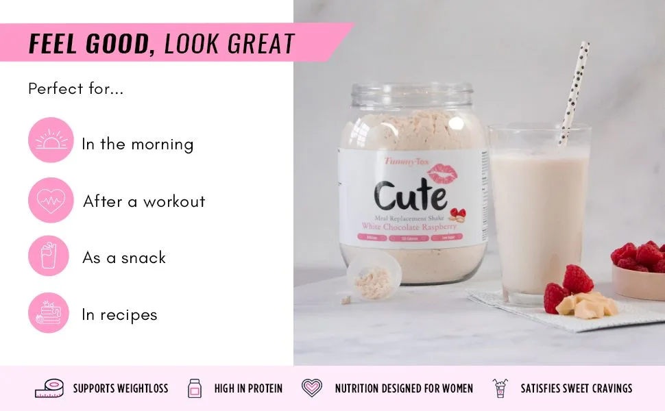 Cute Nutrition Meal Replacement Shake - Protein Shake High in Protein - Raspberry - Vitamins and Minerals - 500 g - Bonus E-book - by TummyTox White Chocolate Raspberry - Cute Shake White Chocolate Raspberry