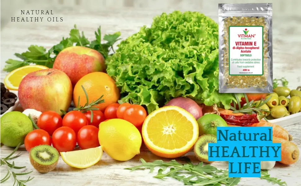 Vitamin E 400 IU 90 Softgels Natural Antioxidant Source D-Alpha Tocopherol Anti Ageing High Potency and Absorption - Vitamin E on fruit picture