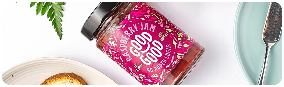 GOOD GOOD Sweet Raspberry Jam - Keto Friendly - Low Calorie Without Added Sugars - Vegan - Gluten Free - Preserves - Jam Spread