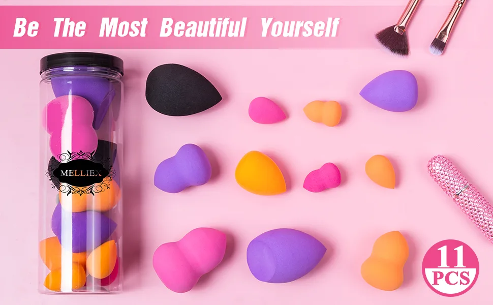 Makeup Sponge Blender Set 11pcs Beauty Blender Foundation Blending Flawless for Liquid Cream and Powder Multi-Coloured Cosmetic Applicator Puff - Different Sizes and Colour