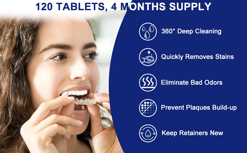 Retainer Cleaning Tablets - New Formulation (120 Tablets Pack 4 Months Supply) 120 Count (Pack of 1) - denture cleaner tablets