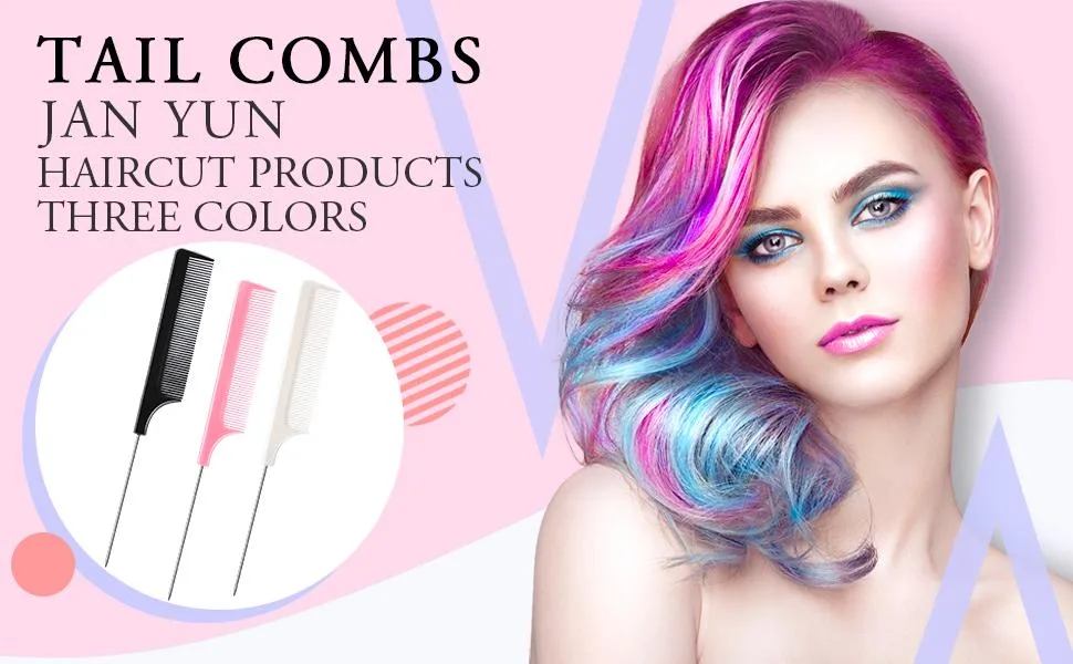 3 Pcs Rat Tail Combs Salon Hairdressing Comb with Stainless Steel Handle Fine Tooth Combs for Women Barber White Pink Black - JANYUN Tail Combs