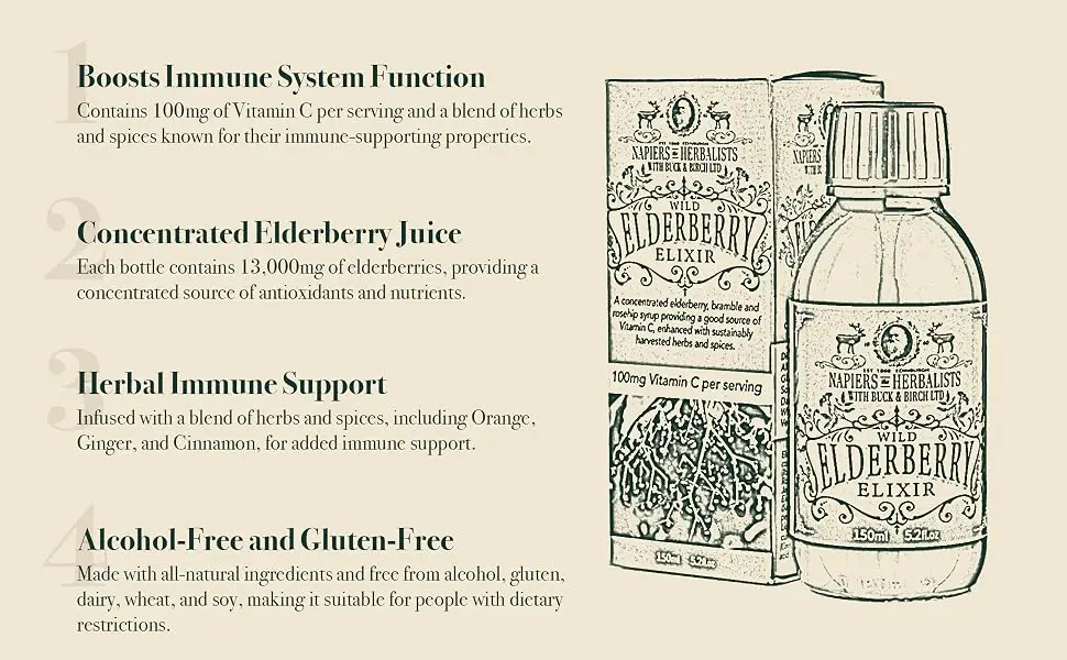 Napiers Wild Elderberry Vitamin C Elixir - Immune System Booster - Alcohol-Free - 150ML - Napiers Wild Elderberry Vitamin C Elixir