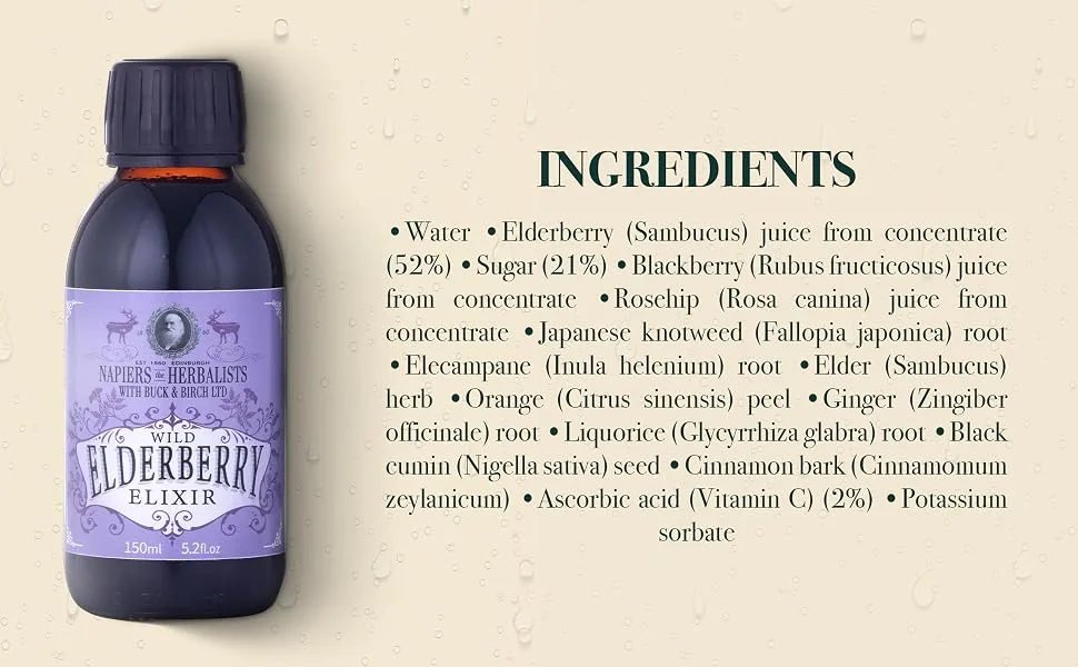 Napiers Wild Elderberry Vitamin C Elixir - Immune System Booster - Alcohol-Free - 150ML - Napiers Wild Elderberry Vitamin C Elixir ingredients