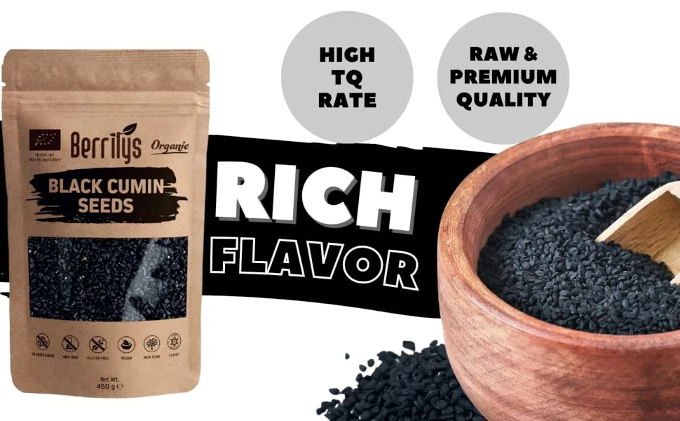 Berrilys Organic Black Cumin Seeds 450 gr Also Known as Black Seeds Nigella Sativa Kalonji Raw Non-GMO - Berrilys Organic Black Cumin Seed High tq premium quality