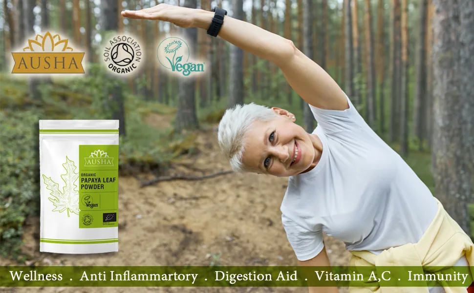 Ausha Organic Papaya Leaf Powder 100gm | Platelet Digestion Immunity | Certified by Soil Association - Papaya Leaf