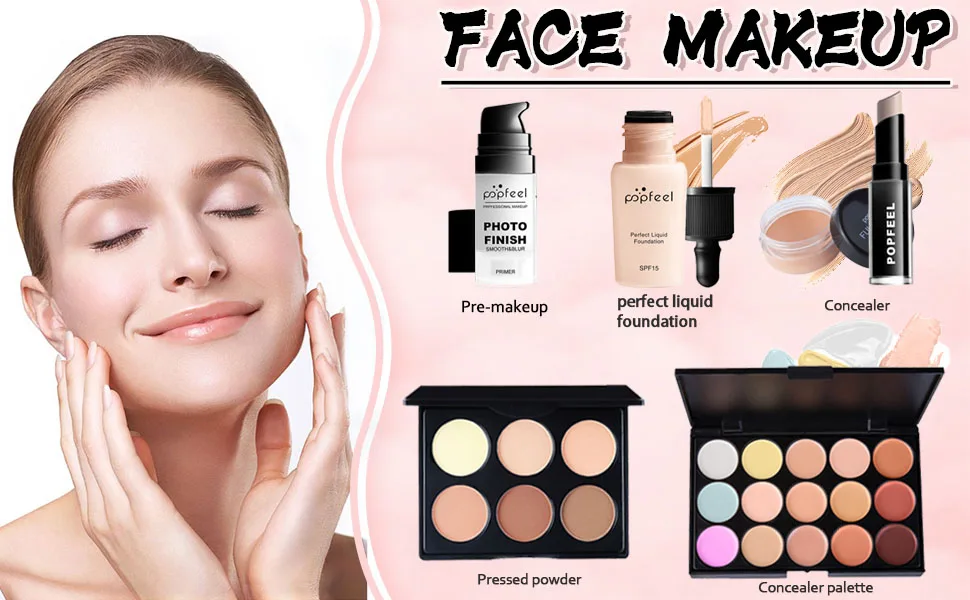 All-In-One Makeup Kit 24 Pcs Complete Makeup Gift Set Full Kit Combination with Eyeshadow Blush Lipstick Concealer etc Essential Starter Bundle for Women Pro Multi-purpose Beauty Cosmetic Set#3 KIT003 - Face makeup set, has primer foundation concealer stick / cream pressed powder concealer palette