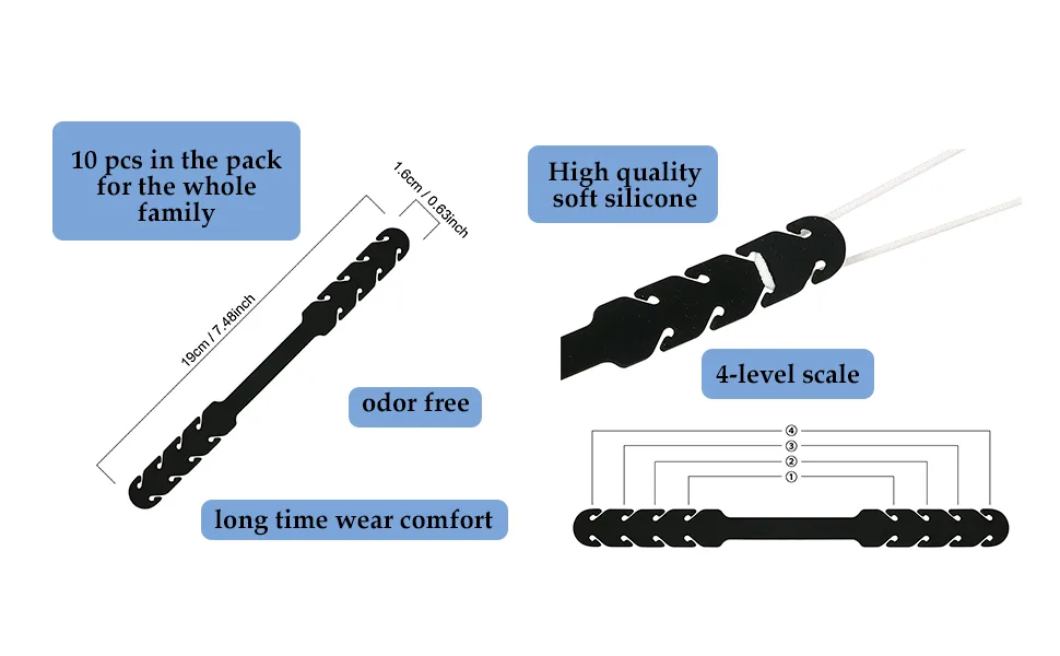 Welsberg 10x Mask Hooks Black Ear Strap Silicone Extension Adjustable Strap for Mouth Cover Mask Extension - mask hooks