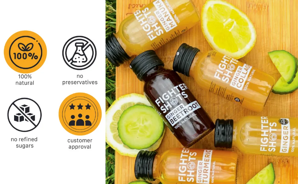 Fighter Shots Ginger + Beetroot (12x60ml) | 100% Natural | Perfect Morning/Post Workout Pick Me Up | No Preservatives | Fresh & Fiery Beetroot and Ginger Shots Ginger Beetroot - Mix 5