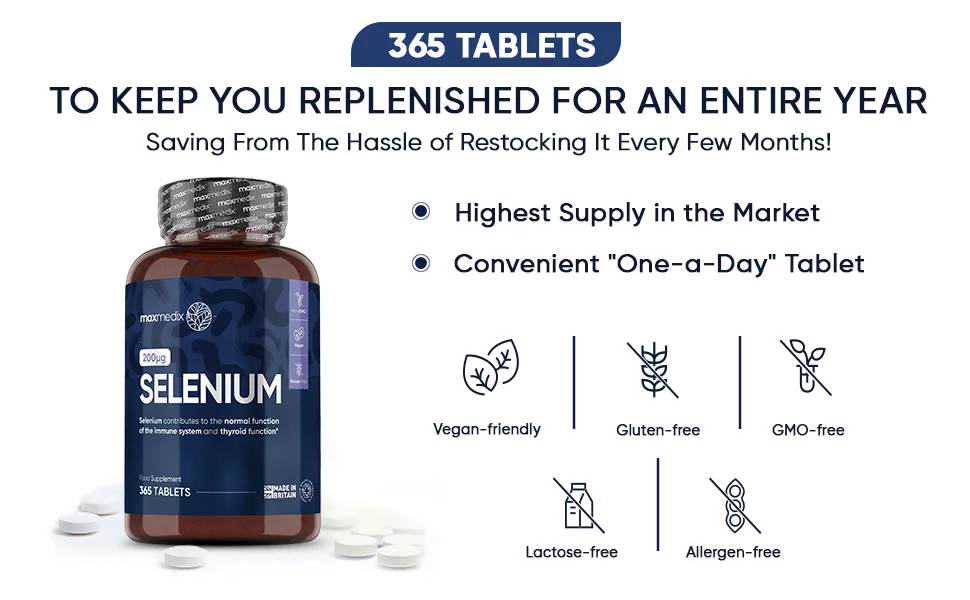 Selenium 200mcg - 365 Selenium Tablets (1 Year Supply) - Yeast Free Selenium Supplements - L-Selenomethionine - Natural Immune System & Thyroid Supplements - Hair and Nail Supplements for Women & Men - Selenium 200mcg