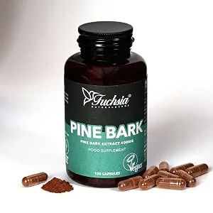 Fuchsia Natural Herbs Pine Bark Extract 120 Capsules 400mg - 15:1 Pine Bark Extract - Gluten Dairy SOYA & Sugar Free - Vegan Society Approved - Pine Bark