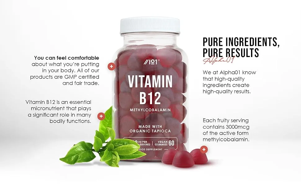 Vitamin B12 Gummies 1 500mcg (per Gummy) - High Strength Methylcobalamin Supplement - Non-GMO Gluten Free Raspberry Flavour - 60 Vegan Gummies. Jar - B093HJS6BN-alpha01 b12 gummies
