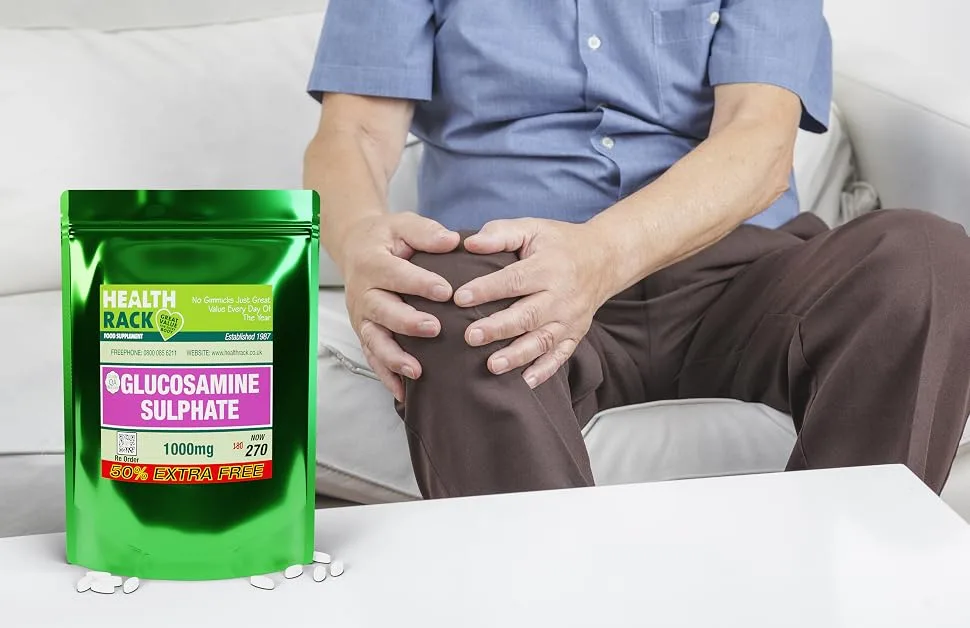 Glucosamine Sulphate 2Kcl 1000mg - 180 Capsules - 6 Months Supply GMO Free Made in The UK - Glucosamine Pouch on table next to elder man with sore knee